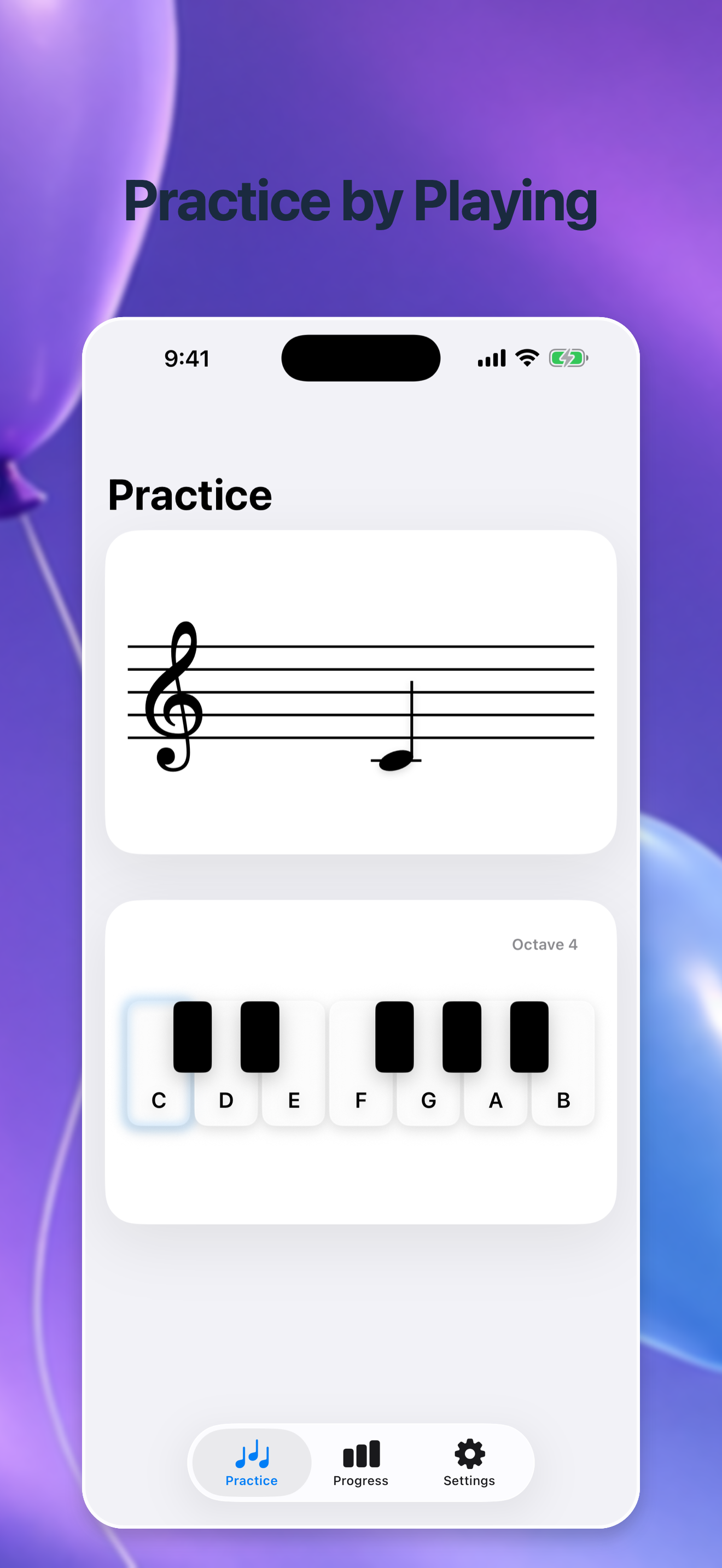 Practice screen showing piano note training